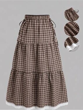 NWT Brown and Cream Plaid Tiered Maxi Skirt with Lace Trim, Multiple Sizes